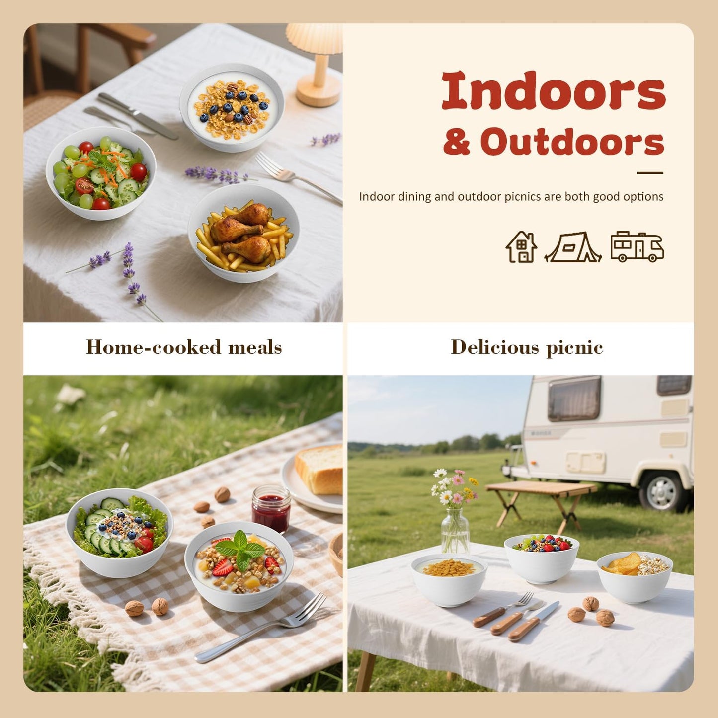 Wrova Wheat Straw Camping Bowls Sets of 6,Unbreakable 26oz Lightweight Bowls Sets for Outdoors Activity,Breakfast Bowls for Cereal and Salad.White Series