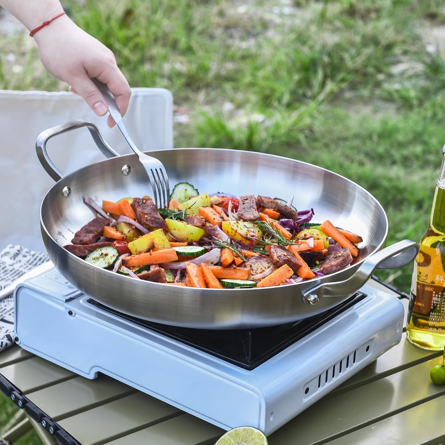 Inqibee 12-Inch Tri-Ply Stainless Steel Paella Pan with Lid,Stir Fry Pan,Omelet Pan,Large Skillet,Induction Cooking Pan,Heavy Duty,Dishwasher and Oven Safe.
