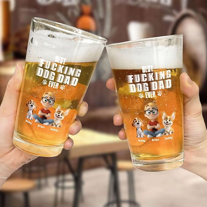 Wrappiness Best Mom Dad Logo Personalized Custom Beer Glass - 16oz Glassware for Beer Soda Cocktails - Gift for Dog Lovers, Father's Day, Birthday Gift for Parents (B06, 2 Dogs)