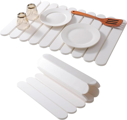 16"×12" White Stone Dish Drying Mats for Kitchen Counter, Large Quick Dry Collapsible Eco-Friendly Super Absorbent Diatomaceous Earth Heat-resistant Mat for Dishes Bottles Cups, Match Any Countertop