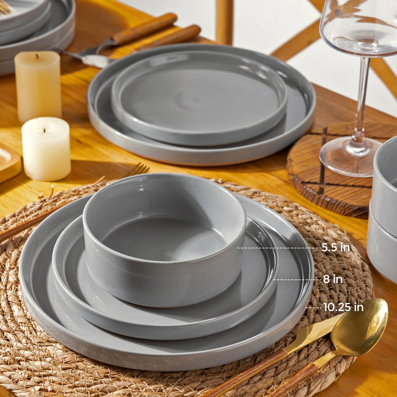 AmorArc Ceramic Dinnerware Set for 4 | Speckled Stoneware Plates and Bowls with unglazed terracotta | Scratch Resistant, Dishwasher & Microwave Safe Dishes Sets- 12-Pcs Gray