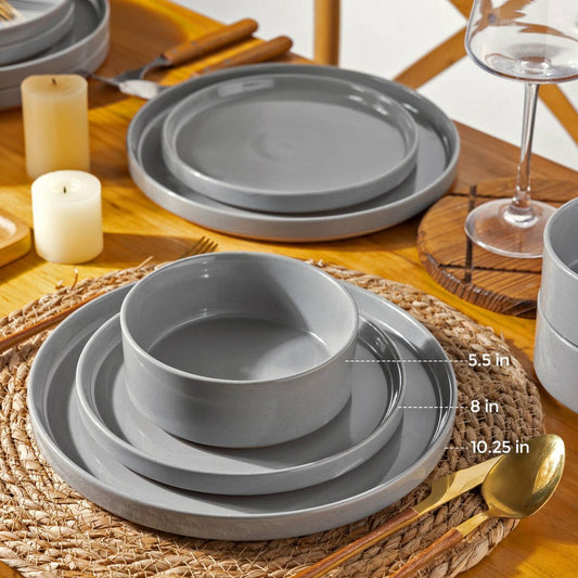 AmorArc Ceramic Dinnerware Set for 4 | Speckled Stoneware Plates and Bowls with unglazed terracotta | Scratch Resistant, Dishwasher & Microwave Safe Dishes Sets- 12-Pcs Gray
