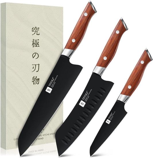 TIVOLI Chef Knife Set, Professional 3PC Santoku Knives Set, High Carbon Steel Ultra Sharp Deep Cooking Knife Set with Ergonomic Wood Handle for Meat Vegetable Fruit, Dad Mom Gift