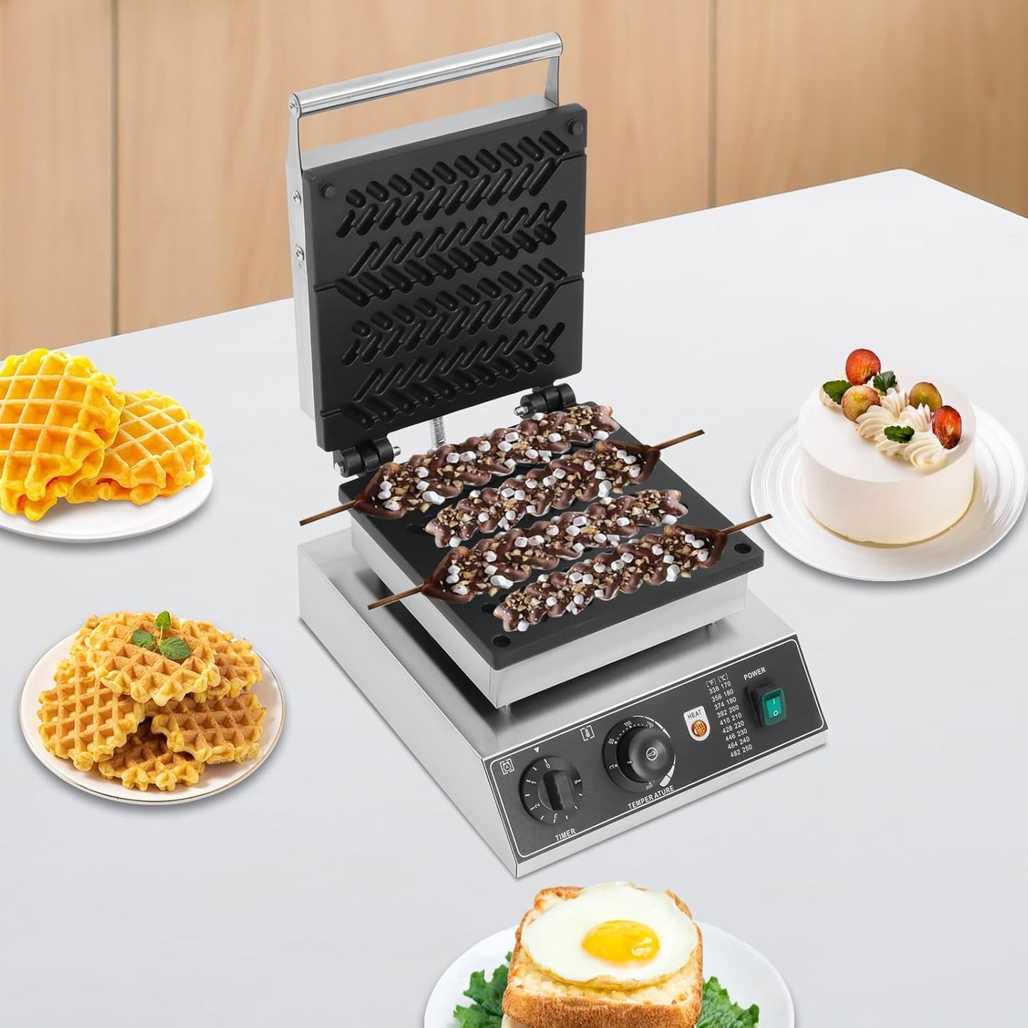 1.7kw Waffle Stick Making Machine, 11.81x14.17x9.45in Electric Waffles Making Machine, Desktop Stainless Steel Waffle Making Machine with 4 Wheat Stalk Shape, 122-572℉, Dual Separate Knobs