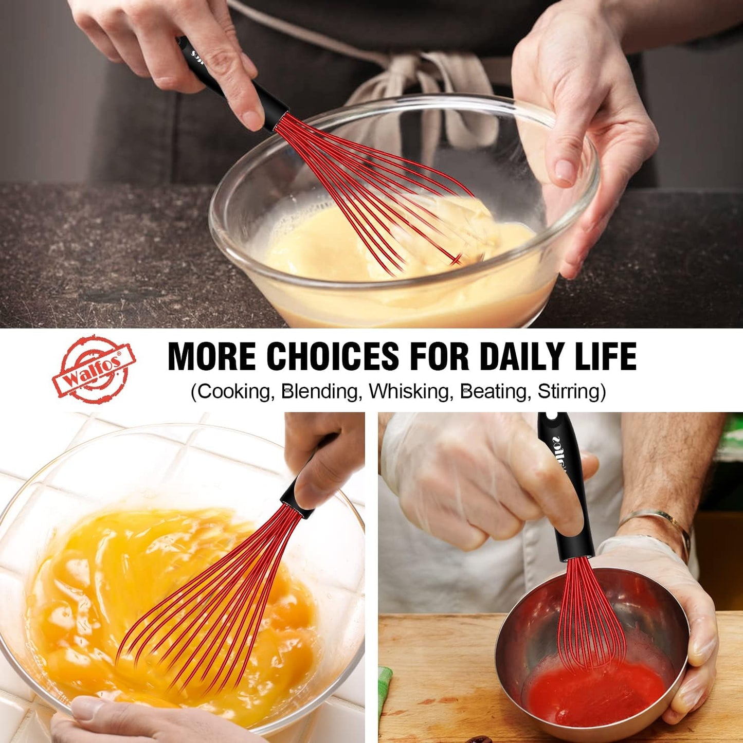 Walfos Whisk,Silicone Whisk Non Scratch-Whisks for cooking set of 4 Heat Resistant(480°F).Nice for Blending Beating Stirring and Kitchen Cooking &Baking.BPA Free and Dishwasher safe.(5+7+9+11inch )Red