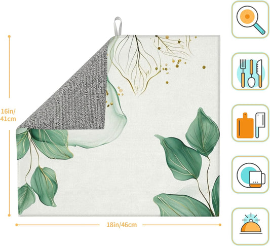 Watercolor Green Palm Leaves Dish Drying Mat 16x18 Inch, Microfiber Absorbent Fast Dry Mat Large Dish Mat Drying Kitchen Mat, Kitchen Drying Pad for Kitchen Counter Coffee Bar Decor Gifts