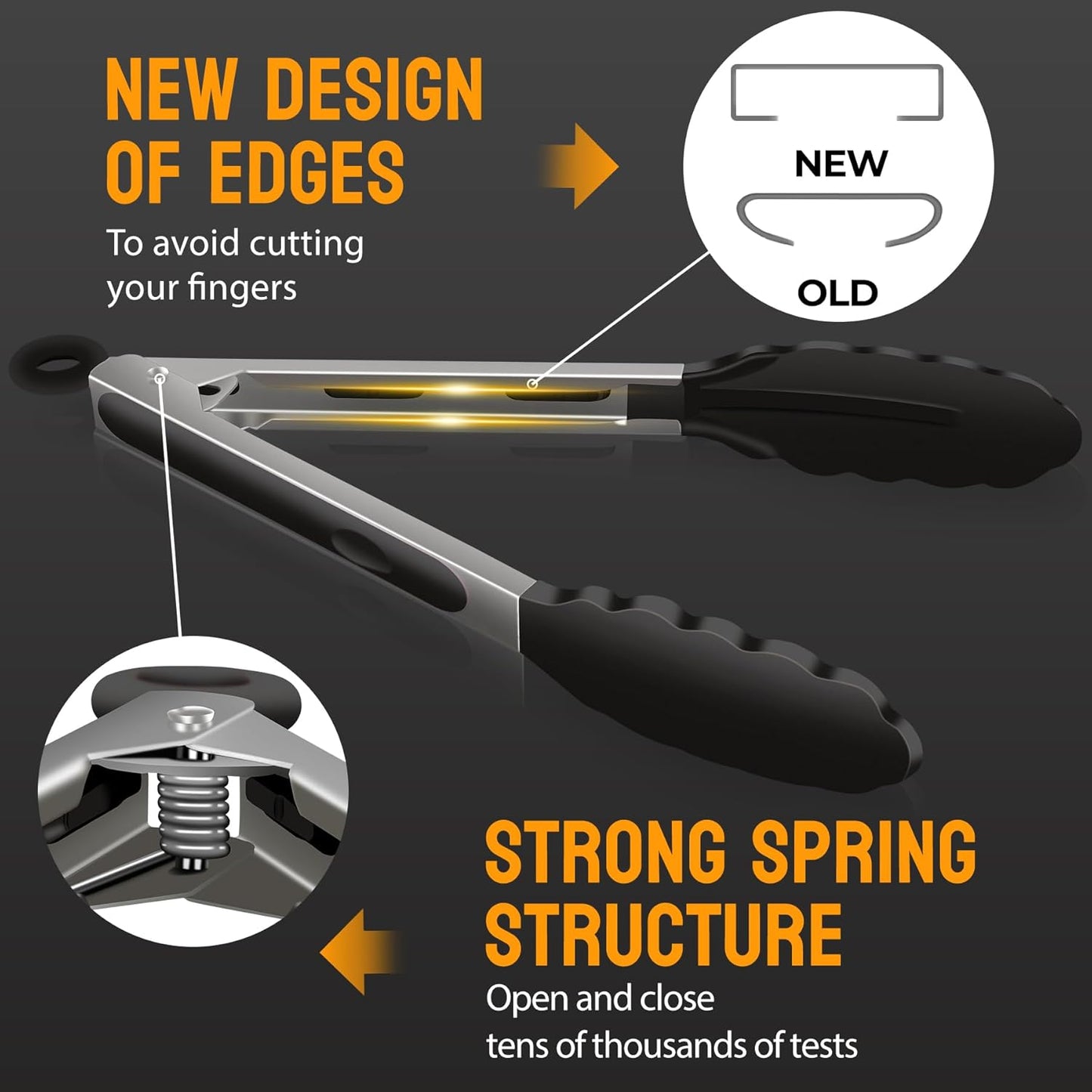 HOTEC Premium Stainless Steel Locking Kitchen Tongs with Silicon Tips, Heat Resistant Cooking Tongs Set of 3-7", 9" and 12" (Black)