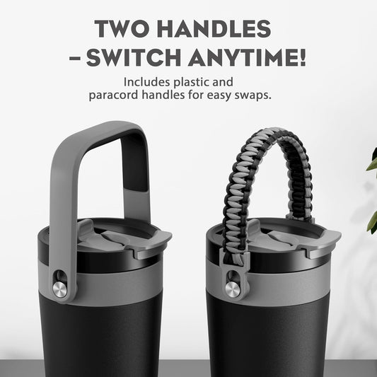 16 oz Insulated Coffee Mug for Travel: 2-in-1 Straw Flip Lid, Keep Cold 24H, Fit in Car Cupholder, Leakproof, Stainless Steel Coffee Tumbler with Handle for Work, Outdoor, Gifts and Home (Midnight)