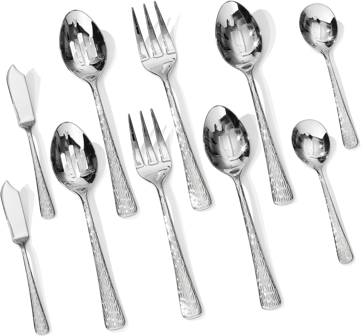 KINGSTONE Hammered 10-Piece Serving Utensil Set, 18/10 Stainless Steel Flatware for Catering, Party Include Spoons, Slotted Spoon, Fork, Butter Knife - Mirror Finish & Dishwasher Safe