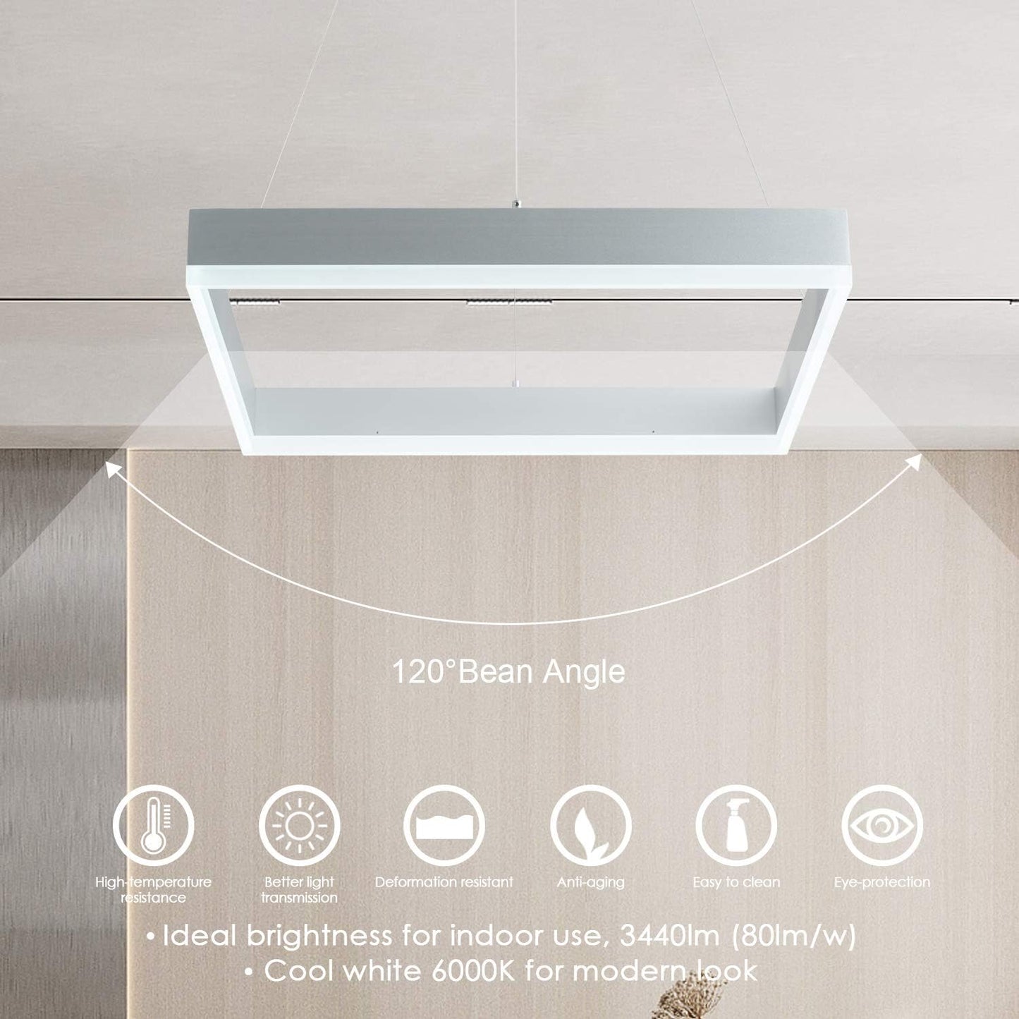 Room Decor Modern Chandelier Square LED Chandelier Dimmable Comtemporary LED Pendant Light Foyer Chandelier for Dining Room Kitchen Office, Cool White 6000K Silver