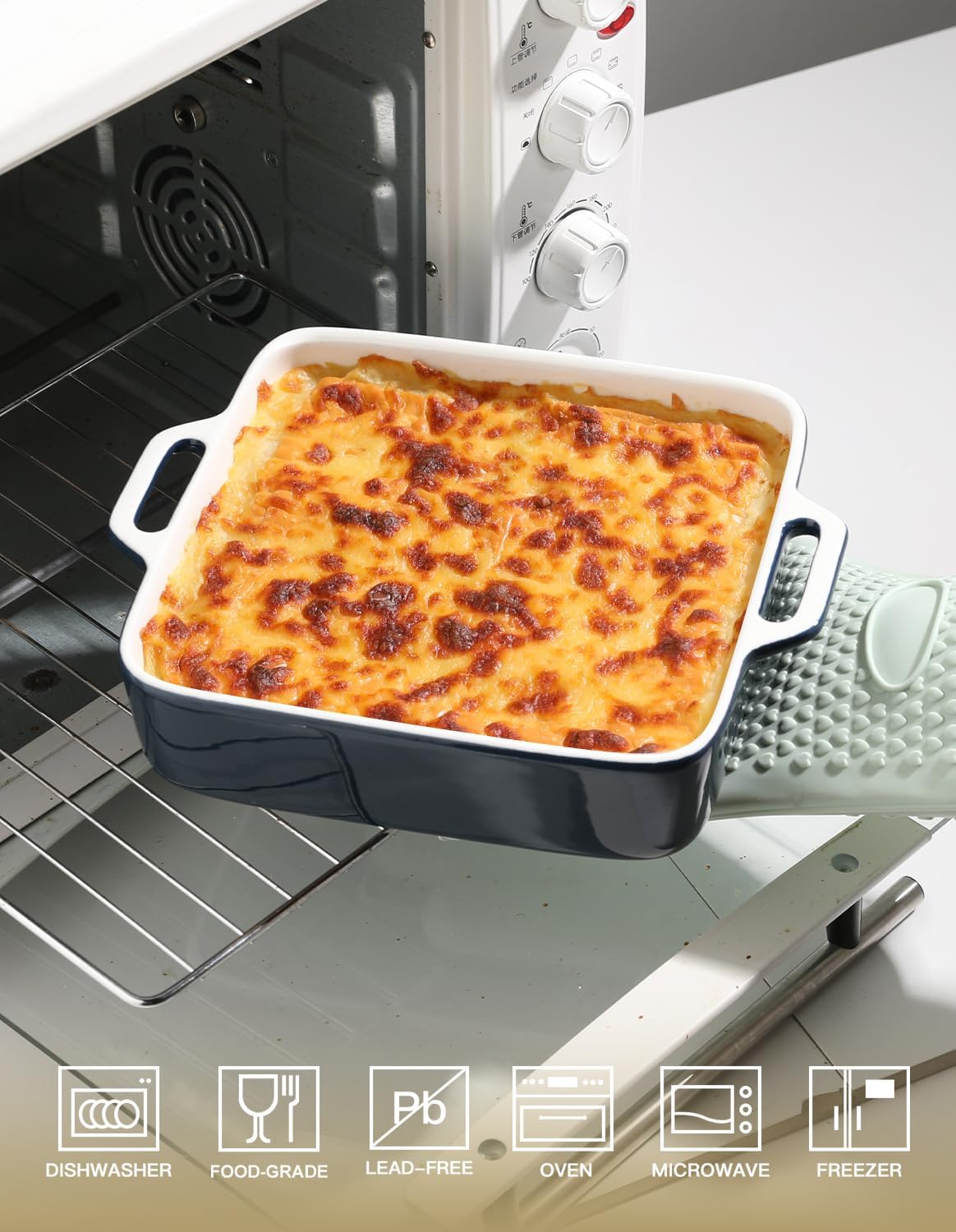 Sweejar 8x8 Baking Pan,Ceramic Casserole Dishes for Oven with Double Handles，2 QT Square Cake Baking Dish for Brownie,Lasagna,Casseroles,Family Dinner (Navy)