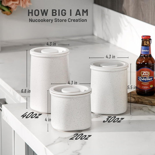 Nucookery Canisters Sets for the Kitchen Countertop, 3 Pcs Ceramic Jar with Silicone Lid, 40oz, 30oz, 20oz Food Storage Containers for Flour, Sugar, Coffee, Grains,Tea, Cookies, Dry Food Organization