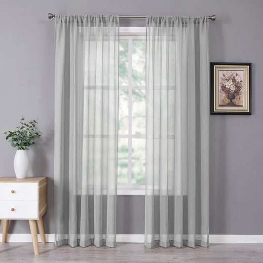 Tollpiz Sheer Curtain Linen Textured Living Room Curtains Sheer Light Filtering Rod Pocket Voile Curtain for Bedroom, 54 x 72 inches Long, Silver Grey, Set of 2 Panels