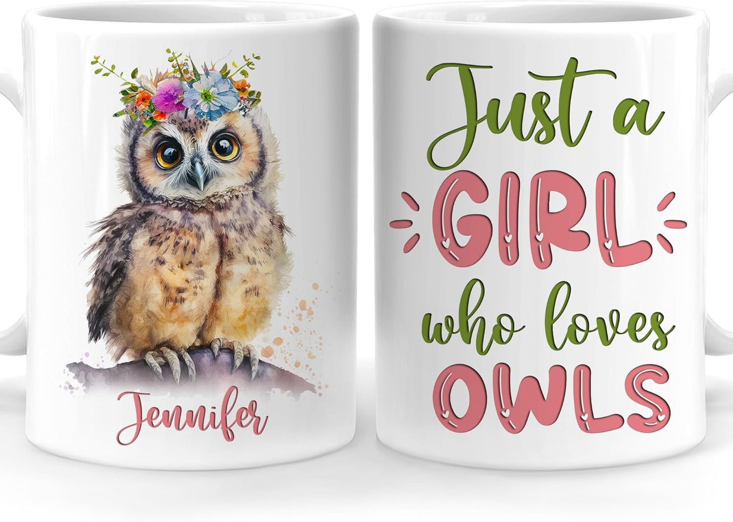 Hyturtle Personalized Gifts Owl Lover - Just A Girl Who Loves Owls Custom Name Ceramic Coffee Mug Cup 11oz - Idea Cute Animal Lover Gifts For Women, Girl Daughter On Birthday, Christmas