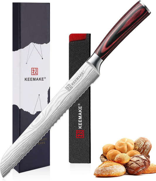 KEEMAKE Serrated Bread Knife 8-inch Ultra Sharp High Carbon Stainless Steel Bread Slicer Knife for Homemade Breads Sourdough Bagels Cakes and Soft Produce - Ergonomic Pakkawood Handle, w/Sheath