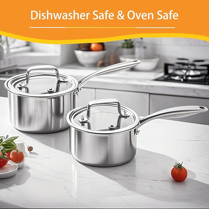 2 Quart Triple Stainless Steel Saucepan with Lid, Ramen Pot with Clear Glass Cover, Small Sauce Pan for Cooking Oatmeal, Induction-Ready, Dishwasher-Safe, Suitable for All Stoves