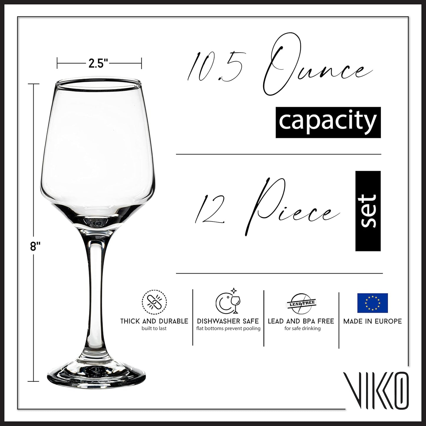 Vikko Stemmed Wine Glasses, 10.5 Oz Set of 12, Thick and Durable for Red and White Wine