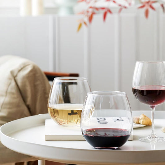 Stemless Wine Glasses Set of 6, 15oz Red & White Wine Glasses for Daily Use, Wedding, Birthdays, Housewarming Gift, Hosting, Home Bar, Evening Party(Clear)