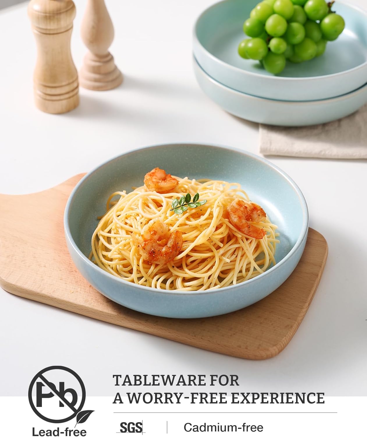 famiware Milkyway Pasta Bowls Set of 4, 8.5" Large Salad Bowls, Double Reactive Glaze, Sturdy & Stackable, Ideal for Housewarming, Festivals, Light Blue