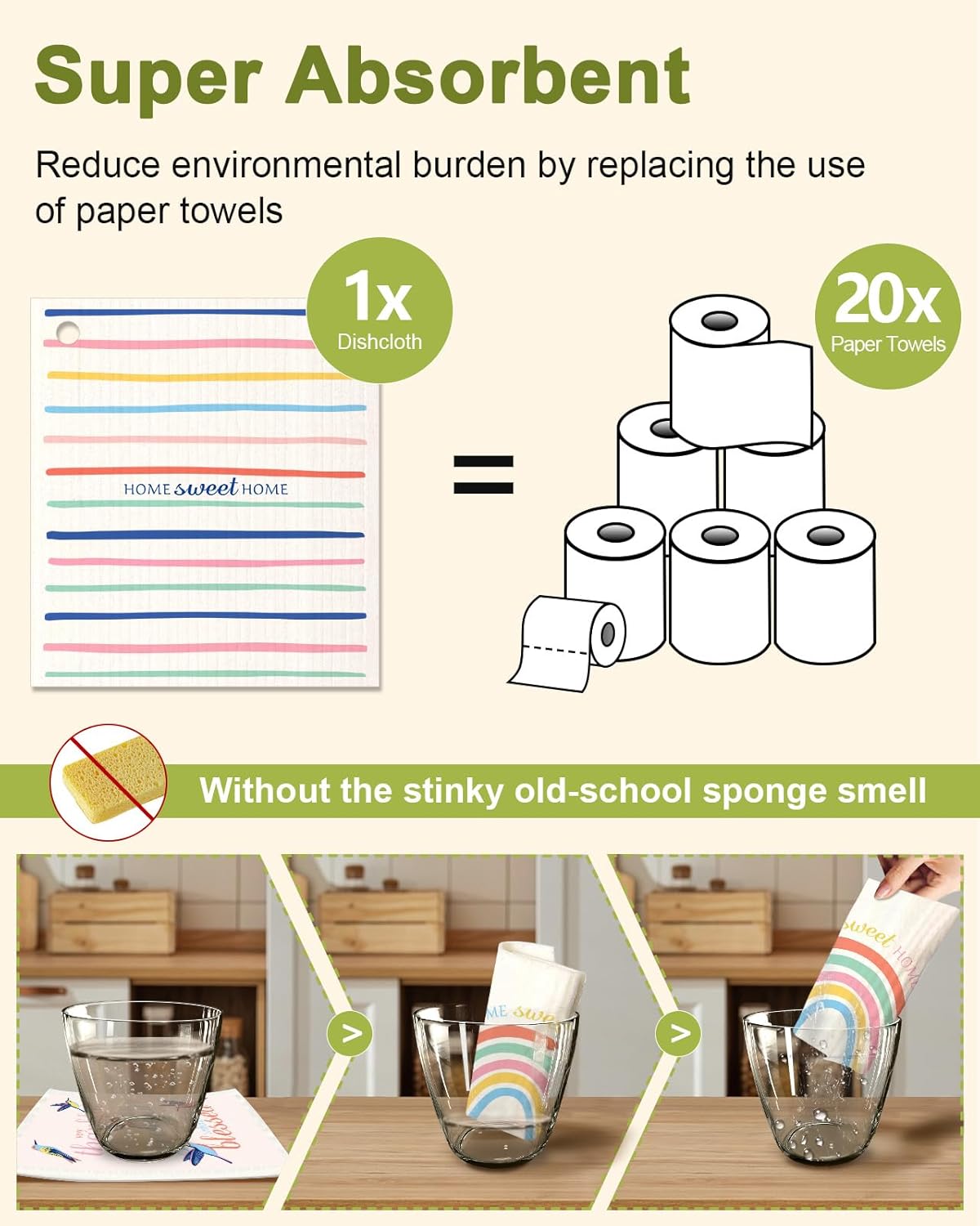 6 Pack Swedish Dishcloths for Kitchen - Reusable Dish Cloths for Washing Dishes Absorbent Cute Funny Kitchen Towels Cleaning Sponge, Rainbow