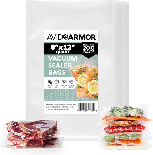 Avid Armor Vacuum Sealer Bags 200 Quart 8x12" For Food Saver, Commercial Grade, BPA Free, Heavy Duty, Pre-cut, for Vac Storage, Meal Prep, Sous Vide, or Dehydrated Freeze Dried Foods