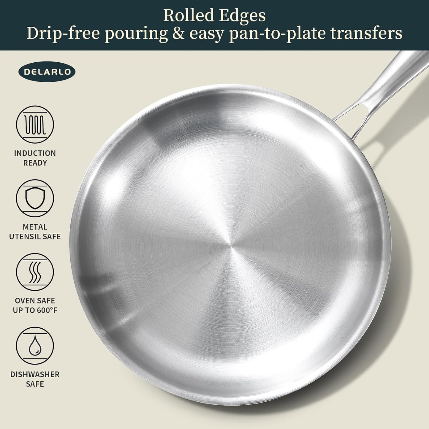DELARLO Whole Body Tri-Ply Stainless Steel Frying Pan set, 8”/10”/12” Cooking pans, Kitchen Cookware Set, Fast Heating Chef's pan with Ergonomic Handles, Suitable for All Stove