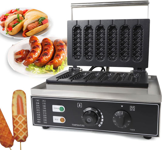 Commercial 6-Slice Waffle Maker Hot Dog Maker, 1500W Non-Stick Commercial Electric Waffle Maker, Electric Indoor Waffle Maker with Non-Stick Cast Iron Pan, Temperature Controlled Bread Toaster