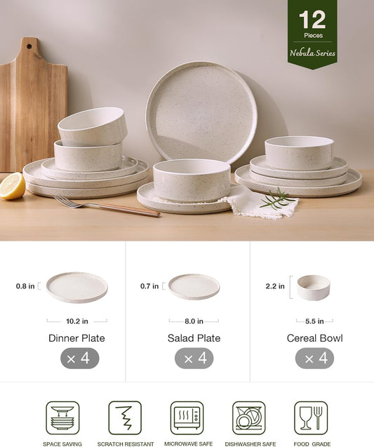 Famiware Nebula Plates and Bowls Sets, 12 Pieces Dinnerware Sets, Dishes Set for 4, Creamy White with Colorful Speckles