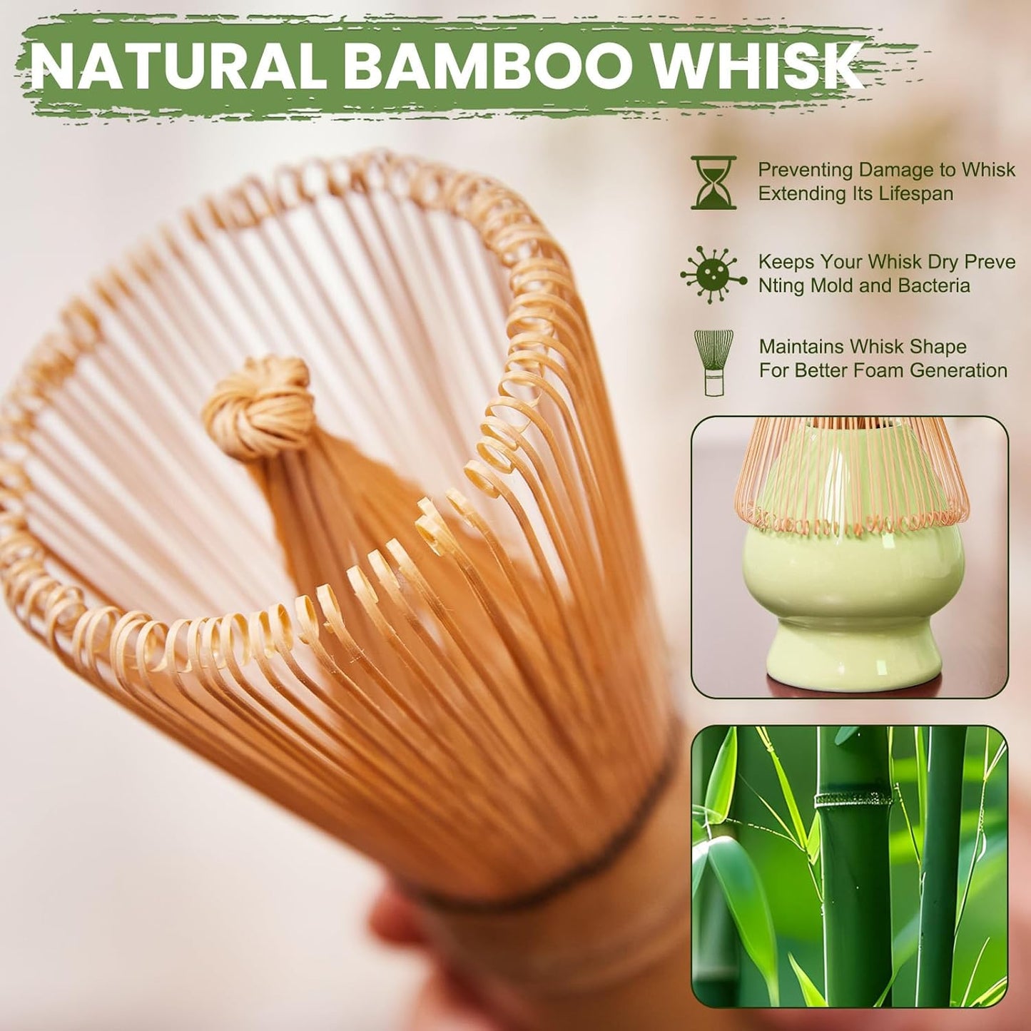 Matcha Whisk Set, Sakura Green Ceramic Matcha Set Includes Matcha Bowl, Matcha Whisk (Chasen) and Holder, Sifter, Bamboo Scoop & Spoon - 6 Pcs Matcha Kit for Matcha Lovers