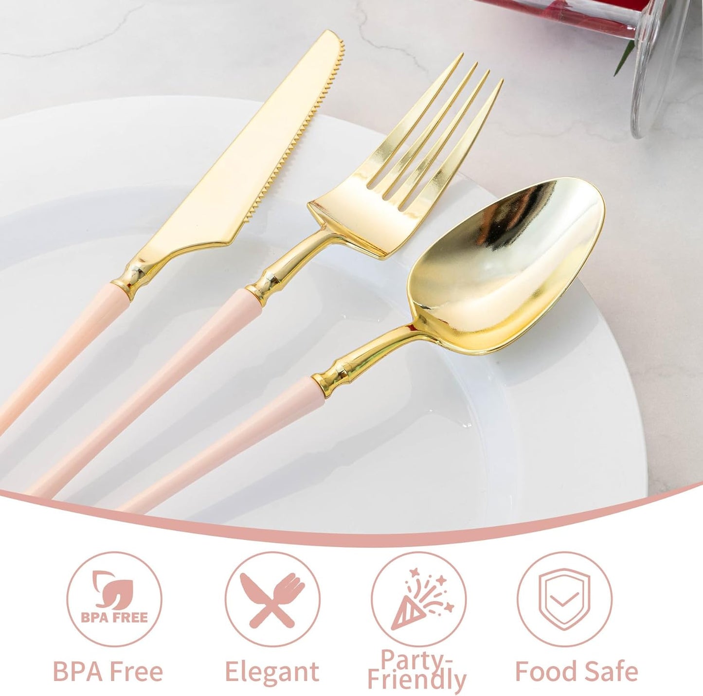 Lullaby 90pcs Gold Plastic Silverware, High End Disposable Cutlery with Pink Handle Include 30 Forks, 30 Spoons, 30 Knives, Elegant Disposable Silverware for Wedding, Party, Gathering and Daily Use