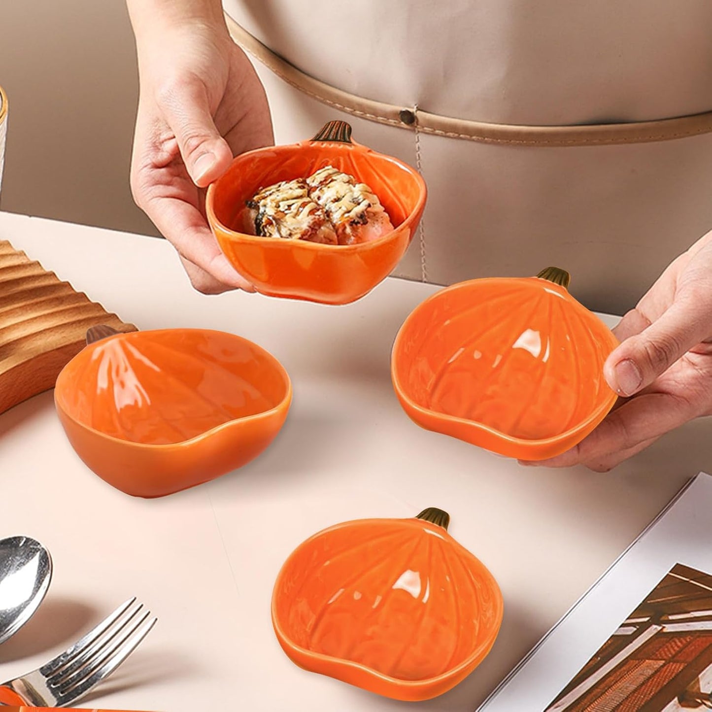 Pumpkin Ramekins Small Ceramic Pumpkins Bowls for Baking 6 Oz Oven Safe Mini Pumpkin Dish for Serving Dip and Sauce, 4pcs