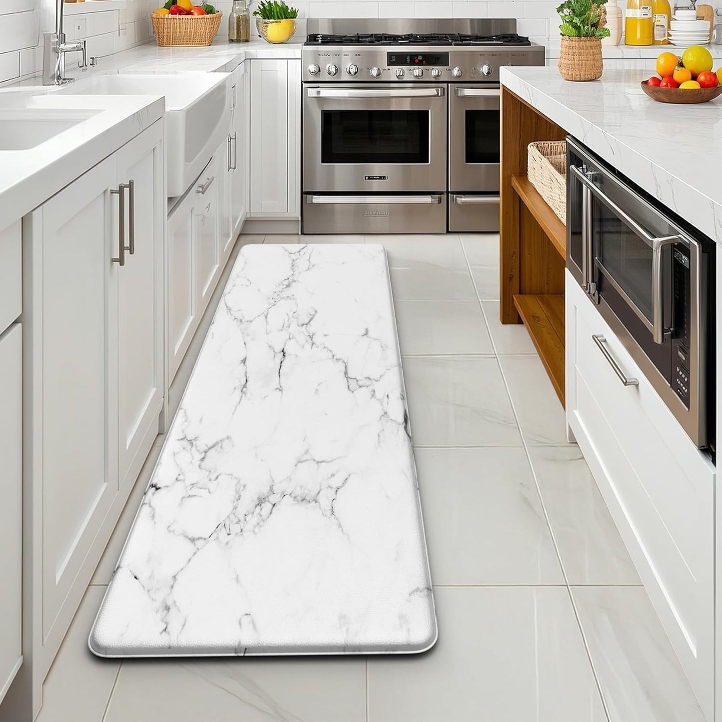 Marble White Kitchen Mats for Floor Anti Fatigue Mats for Kitchen Floor Kitchen Rugs Abstract Art Decorative Cushioned Non Slip Waterproof Mats for Office Bedroom Laundry, 17.3"x 59"
