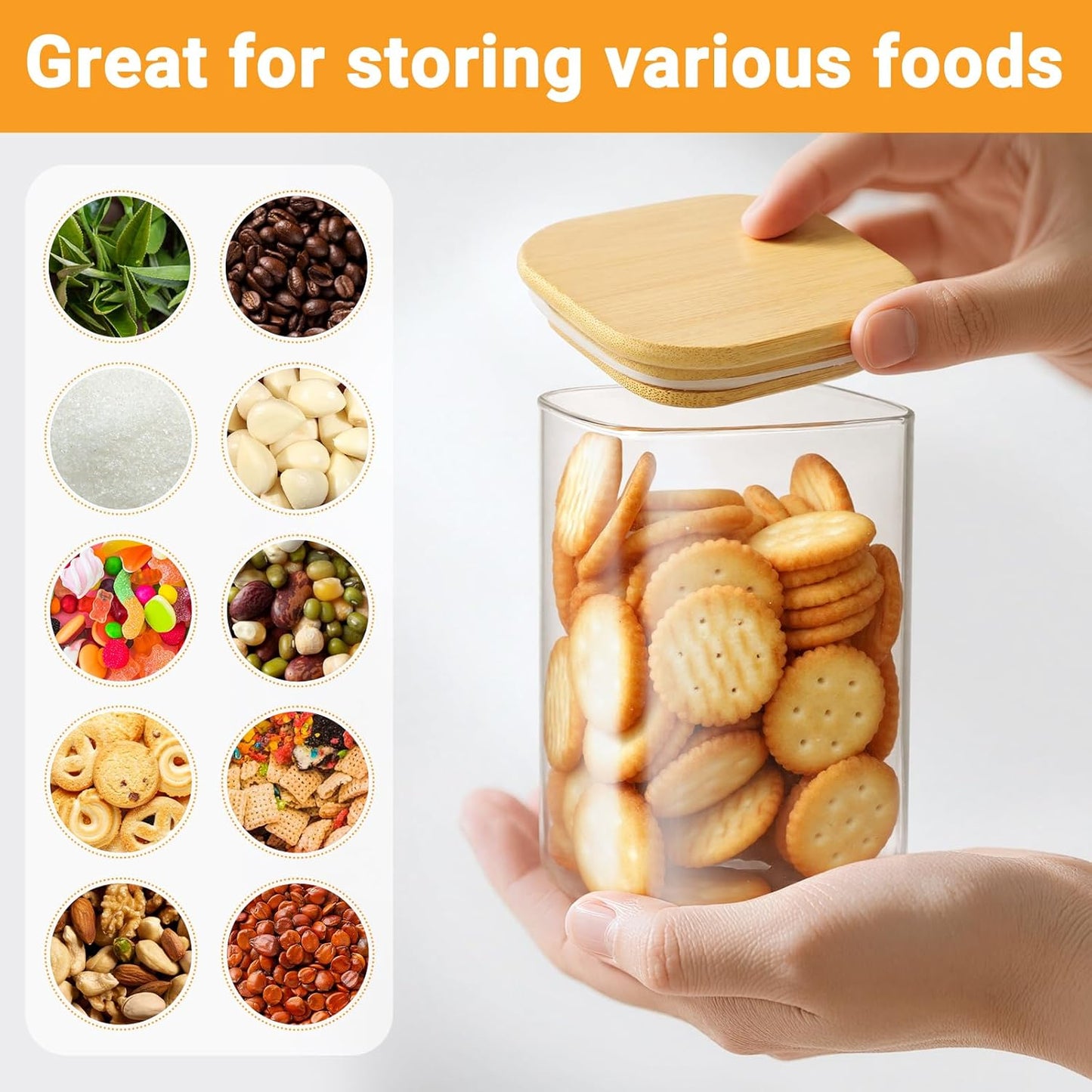Square Glass Storage Jars, 19 Fl.oz Glass Jars with Bamboo Lids Set of 2, Food Canisters with Airtight Lids, for Coffee Bean, Sugar, Tea, Candy, Cookies - Included Labels, Marker and Spoon
