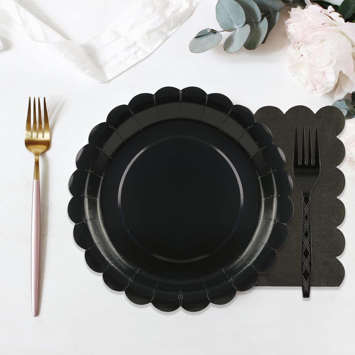 75Pcs Black Paper Plates Set-7 Inch Disposable Halloween Plates Scalloped Black Cute Dessert Dinner Plate Nakpins Forks Birthday Dinnerware Set Party Supplies for Halloween Wedding Table Decor
