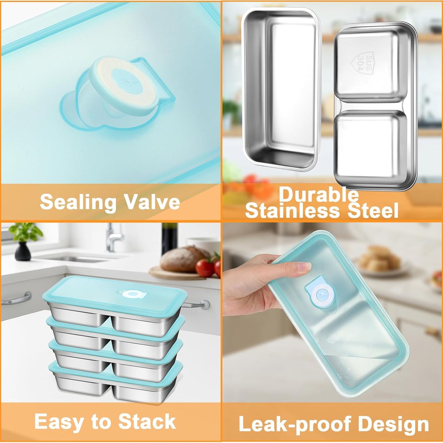 Stainless Steel Snack Containers with Lids, 1 Pack Reusable Lunch Box (1 Single + 1 Double Compartment) with Forks, Food Storage Bento Box for Work, Travel, Grab and Go, Leak Proof, Dishwasher-Safe