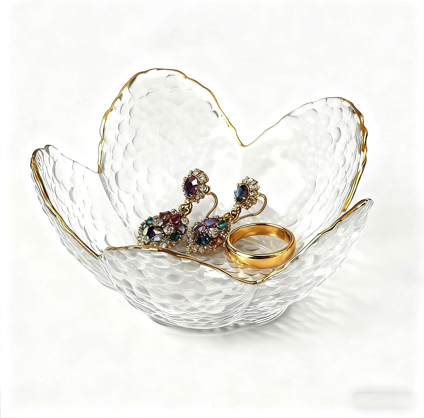 Clear Flower Jewelry Dish Tray Glass Ring Dish Jewlery Tray Cute Bathroom Trinket Dish Jewely Bowl Nightstand Decor Jewerly Plate Ring Holder Christmas Friendship Birthday Gifts for Women