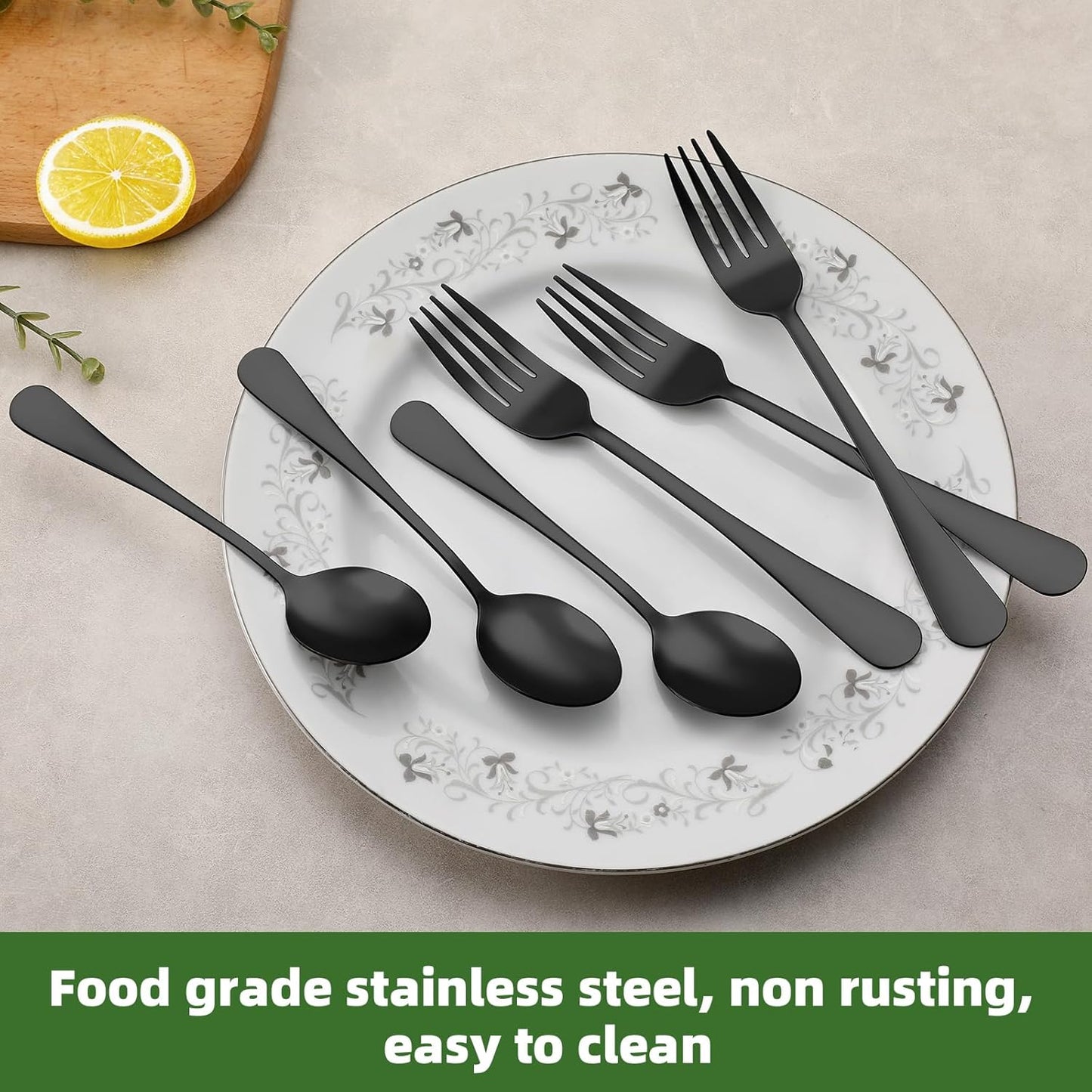 24 Pcs Black Forks and Spoons Silverware Set, Food Grade Stainless Steel Flatware Cutlery Set for Kitchen and Restaurant, 12 Dinner Fork(8") and 12 Teaspoon(6.7"), Mirror Polished, Dishwasher Safe