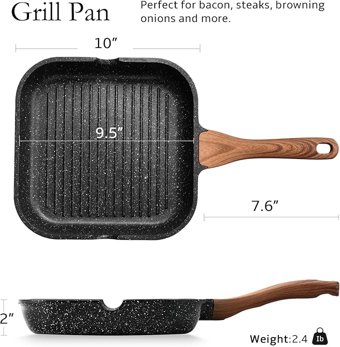 ESLITE LIFE 9.5 Inch Nonstick Grill Pan for Indoor Cooking, Versatile Induction Square Large Grilling Skillet Steak Pan for Stove Tops, PTFE & PFOA Free, Black