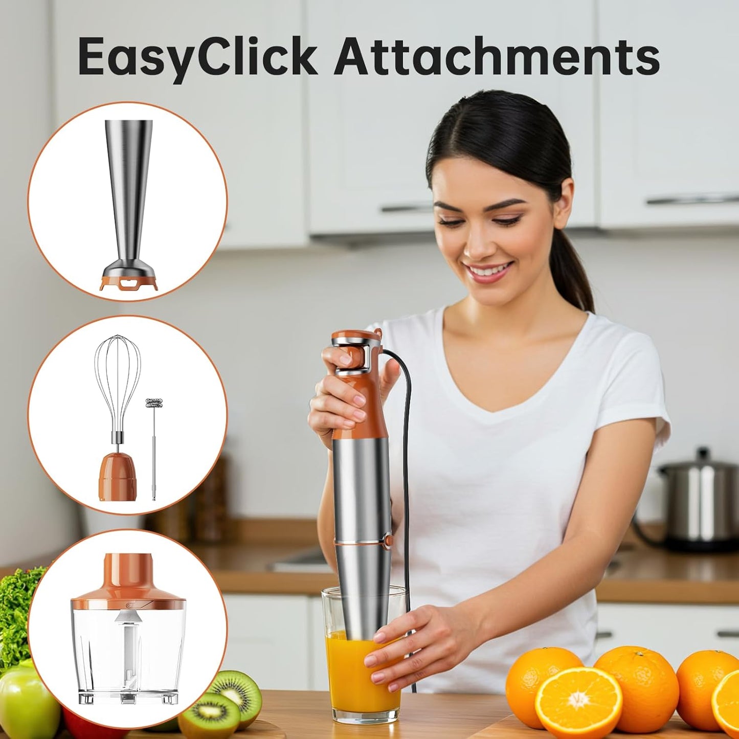 Immersion Blender Handheld Corded Hand Blenders Set 1100W, Trigger Variable Speed 5 in 1 Stick Emulsifier with Chopper, Whisk and Frother for Soup, Baby Food and Smoothies, Orange