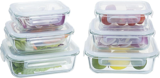 Navaris Glass Food Storage Containers with Lids - Set of 6, Airtight & Lockable - Reusable Meal Prep Containers for Lunch, Leftovers & Picnic - Microwave, Dishwasher & Oven Ready