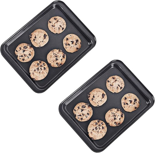 Small Baking Sheet Nonstick 9.45 X 7.09 Inch (Inner 7.5x6), 8 Inch Mini Cookie Tray Toaster Conventional Oven Pan No Warp No Rust Magnetic Bakeware for 1 to 2 person 2 Pack
