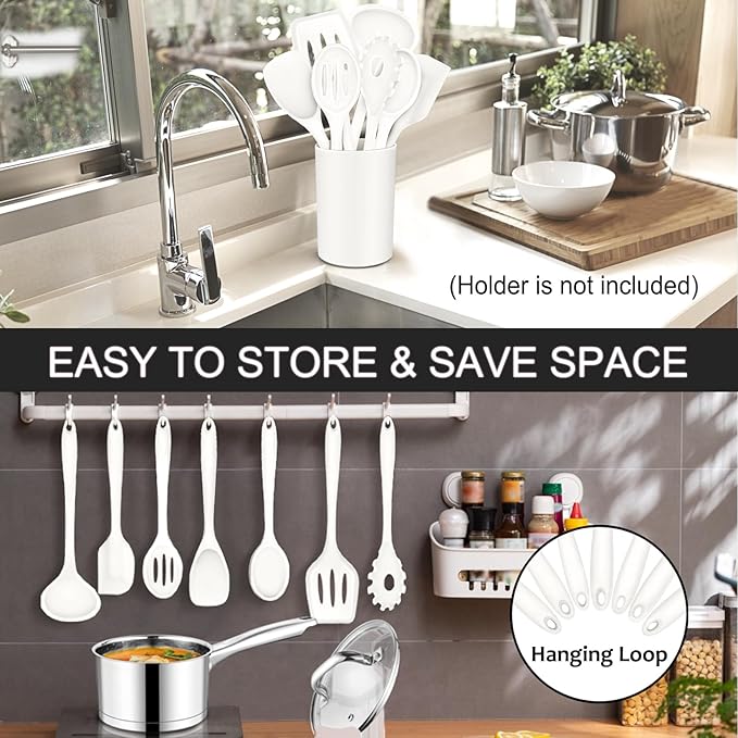 P&P CHEF Silicone Cooking Utensils Set of 7, Heat-proof Kitchen Utensils Set for Nonstick Cookware, Non-stick Spatula, Slotted Turner, Soup Ladle, Pasta Server, Spoon for Cooking Serving - White