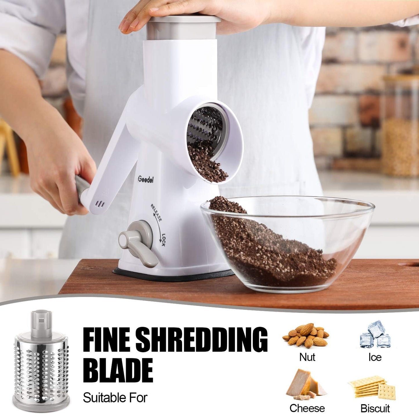 Geedel Rotary Cheese Grater Hand Crank, Cheese Shredder Nuts Grinder With 3 Interchangeable Blades, Kitchen Rotary Grater For Cheese, Vegetables, Nuts, etc