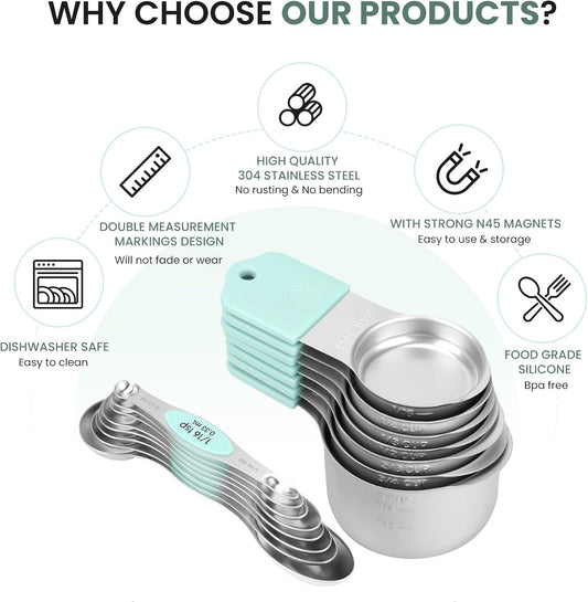 Magnetic Measuring Cups and Spoons Set-Heavy Duty 304 Stainless Steel，Double Measurement Markings，Set of 16 with Leveler for Measure Dry and Liquid Ingredients (Mint)