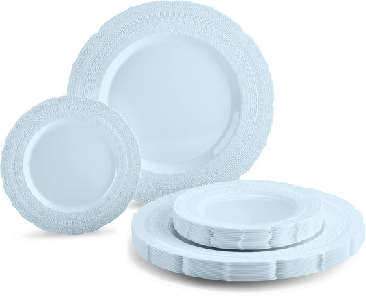 " OCCASIONS " 50 Plates Pack (25 Guests)-Extra Heavyweight Vintage Wedding Disposable/Reusable Plastic Plates -25x11'' Dinner + 25x8.25'' Salad/dessert (Chateau Collection Blue)