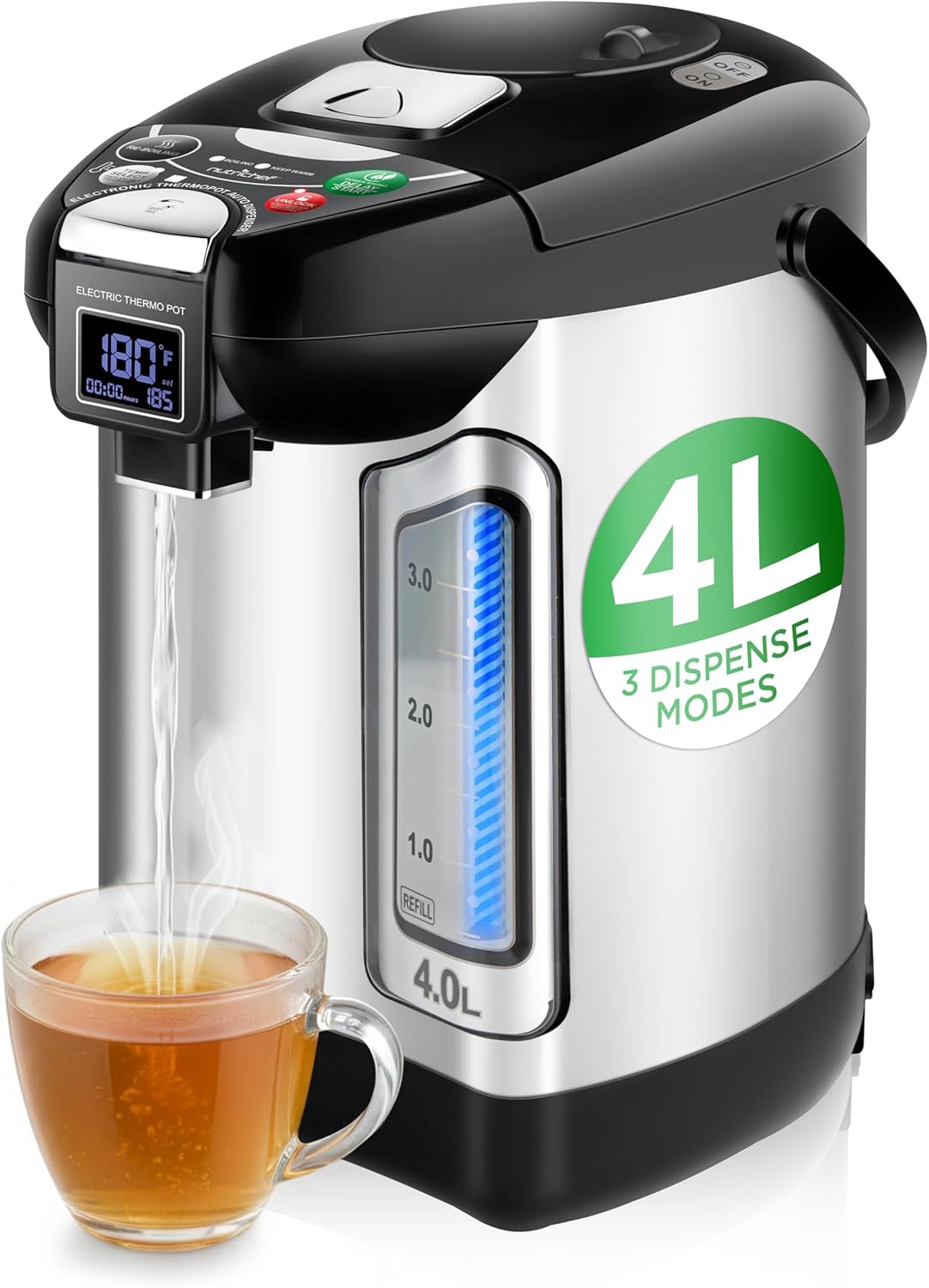 NutriChef Digital Water Boiler and Warmer - 4L/4.23 Qt Stainless Electric Hot Water Dispenser w/ LCD Display, Rotating Base, Keep Warm, Auto Shut Off, Safety Lock, Instant Heating for Coffee & Tea