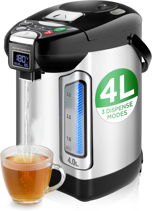 NutriChef Digital Water Boiler and Warmer - 4L/4.23 Qt Stainless Electric Hot Water Dispenser w/ LCD Display, Rotating Base, Keep Warm, Auto Shut Off, Safety Lock, Instant Heating for Coffee & Tea