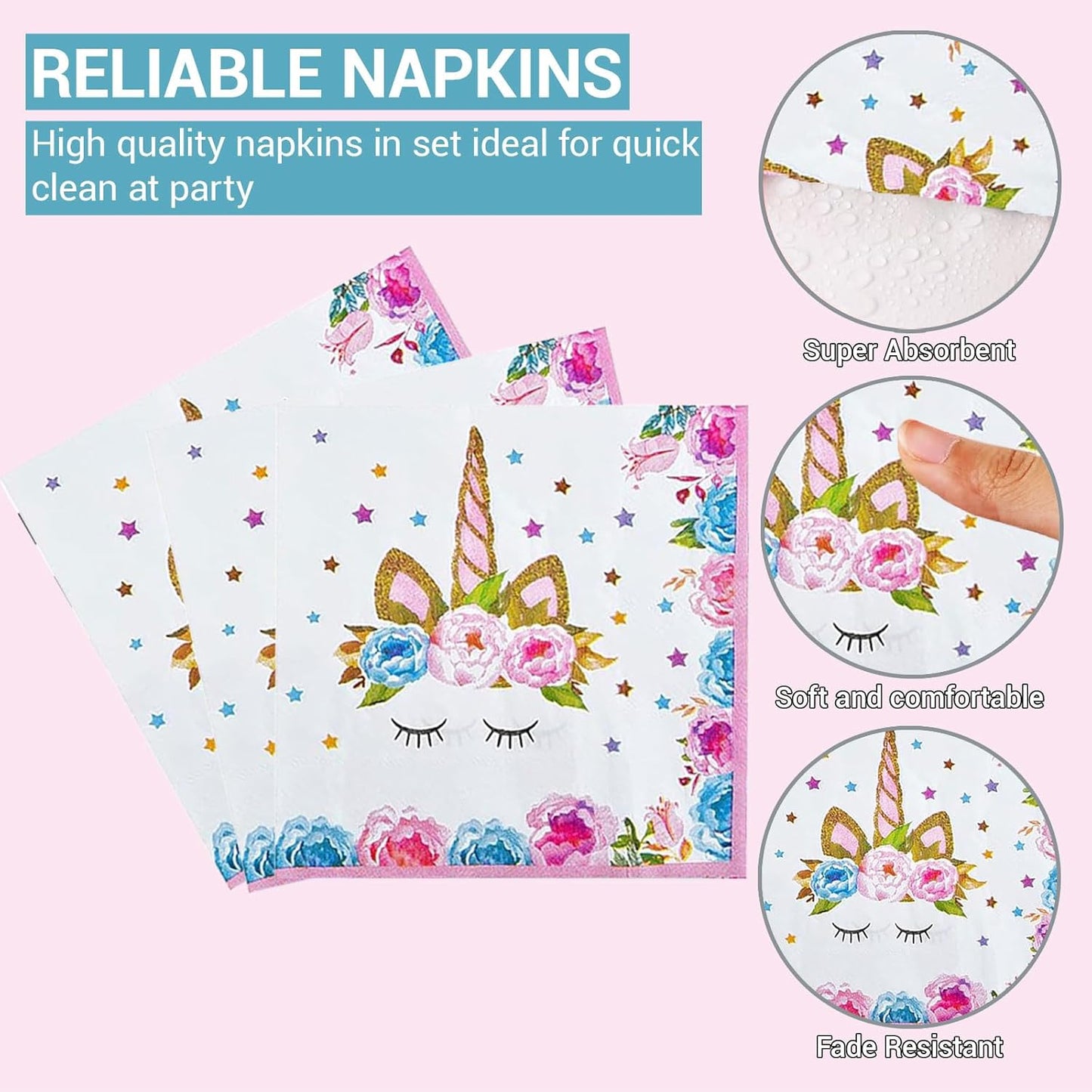 DTDO 96 Pcs Unicorn Party Plates and Napkins Set Include Magical Unicorn Paper Plate Napkins Black Forks, Disposable Hourse Themed Birthday Dinnerware for Girls Birthday Decorations, Serves 24