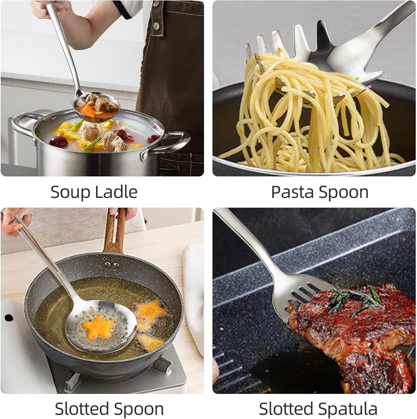 18/8 Stainless Steel Cooking Utensils Set, Spatula Set Kitchen Wok Utensils Set, Include Soup Ladle,Spaghetti Server,Slotted Spatula Turner,Skimmer(Dishwasher Safe, Mirror Polished)
