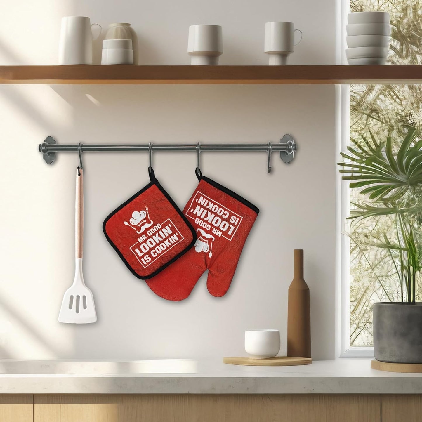 Red Oven Mitts and Pot Holders（Set of 2） Mr.Good Lookin' is Cookin' Heat Resistant Mitts Silicone Non-Slip Oven Mitts with Hanging Loop Great Birthday Gifts for Men Chef Husband Dad Friend